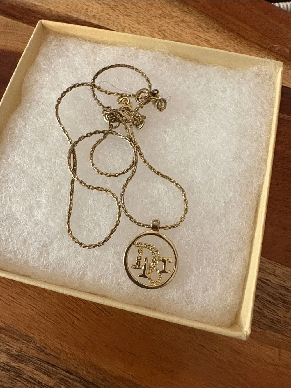 Dior Gold Round Pendant Necklace with Script Letter